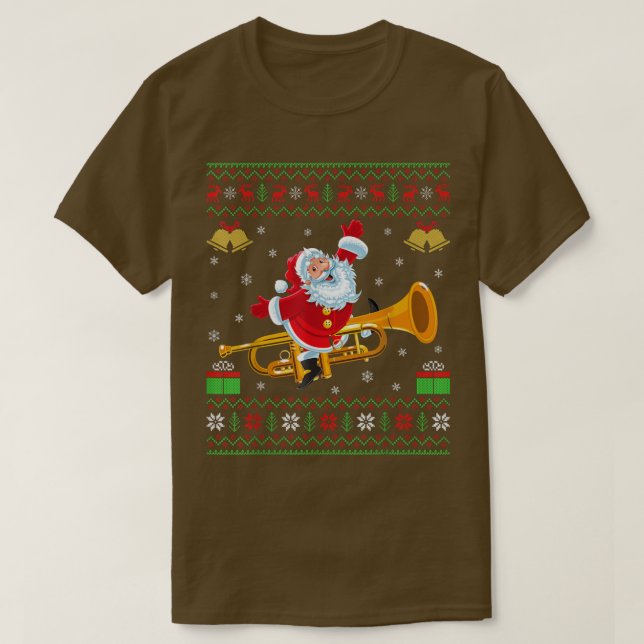 Trumpet Music Lover Ugly Santa Riding Trumpet Chri T-Shirt (Design vorne)