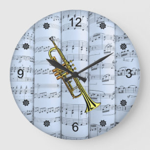 Trumpet~Rolled Sheet Music~Blue Tint Background ~  Große Wanduhr