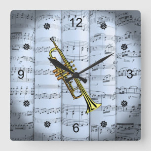 Trumpet~Rolled Sheet Music~Blue Tint Background ~  Quadratische Wanduhr