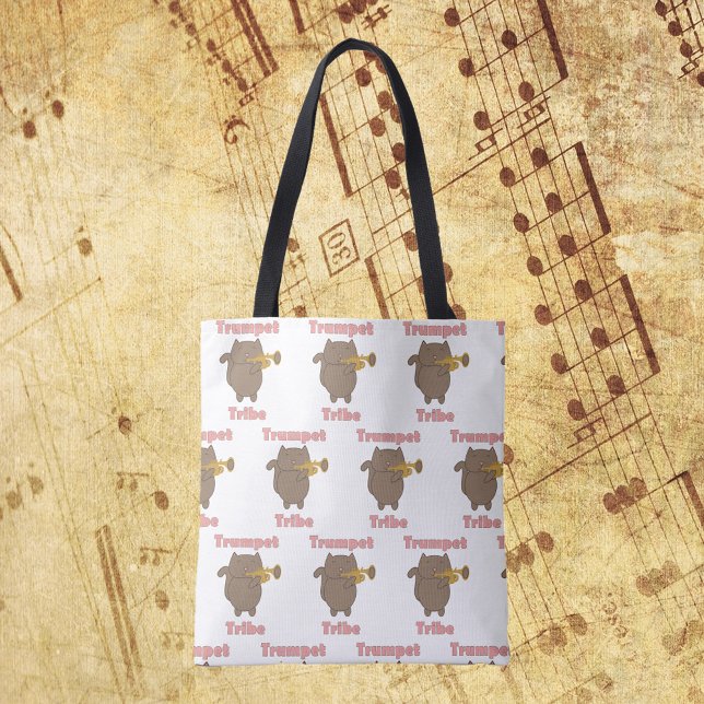 Trumpet Tribe Brown Cat Pattern Tasche (A tote bag with a pattern of a cat playing the trumpet and the words trumpet tribe in pink.)