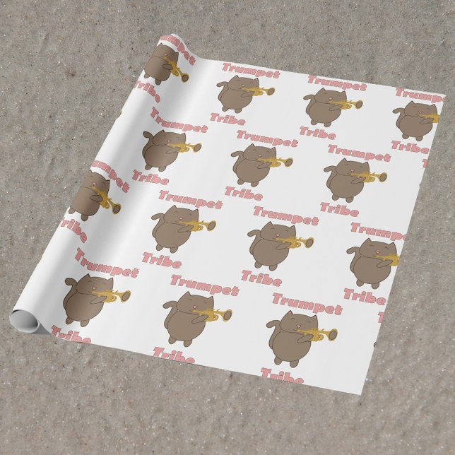 Trumpet Tribe Brown Cat Pink Geschenkpapier (Wrapping paper with a pattern featuring a cat playing the trumpet and the text trumpet tribe.)