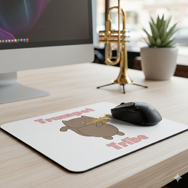 Trumpet Tribe Brown Cat Pink Mousepad (A mouse pad featuring a brown cat playing the trumpet and the words trumpet tribe in pink.)
