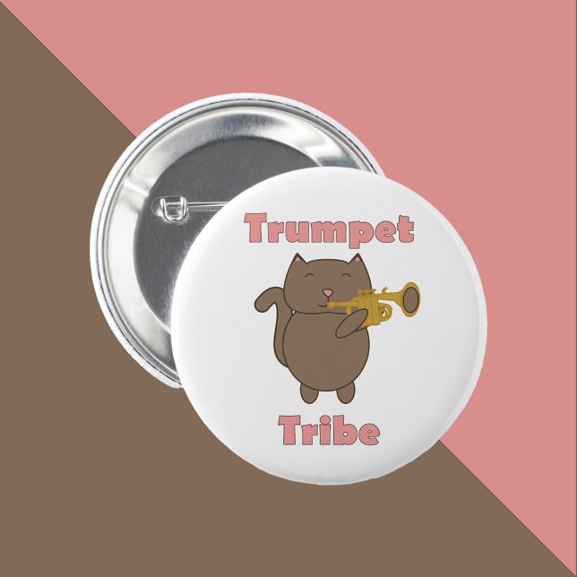 Trumpet Tribe Cat Funny Pink Button (A pin with a brown cat playing the trumpet and the words trumpet tribe in pink.)