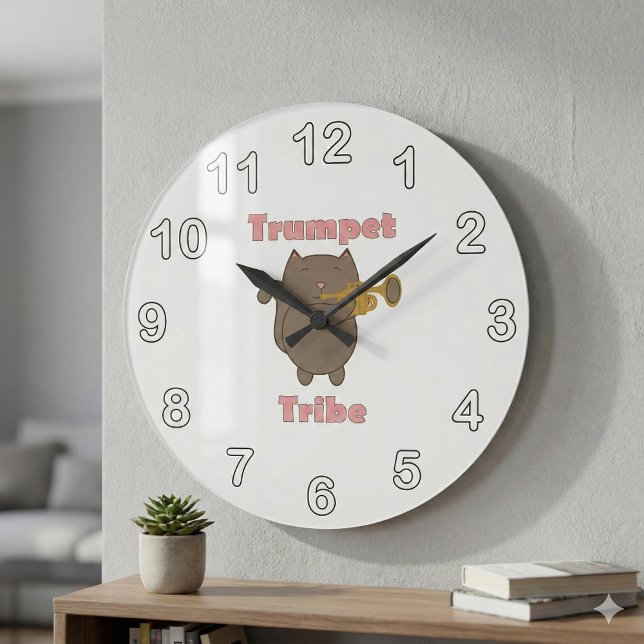 Trumpet Tribe Cat Pink Letters Große Wanduhr (A clock featuring a brown cat playing the trumpet with the words trumpet tribe.)