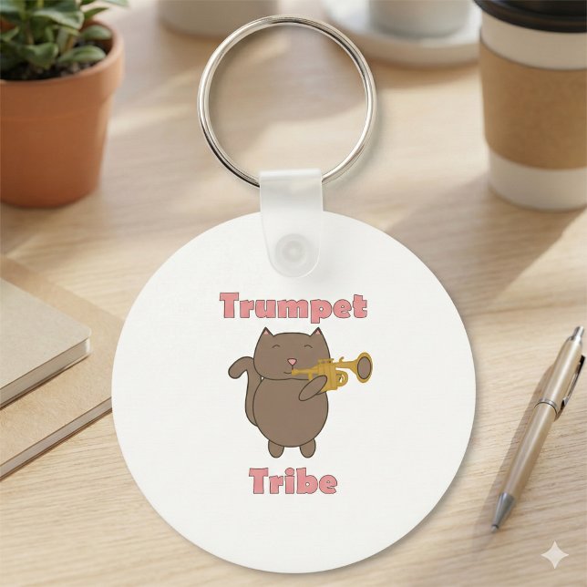 Trumpet Tribe Cat Pink Schlüsselanhänger (A keychain featuring a brown cat and the text trumpet tribe in pink.)