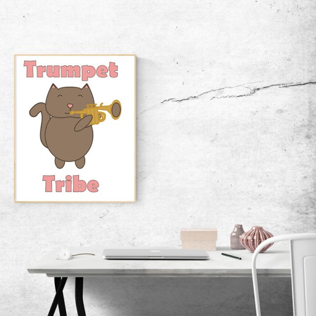Trumpet Tribe Cute Cat Music Poster (A poster featuring a brown cat playing the trumpet with the words trumpet tribe in pink.)