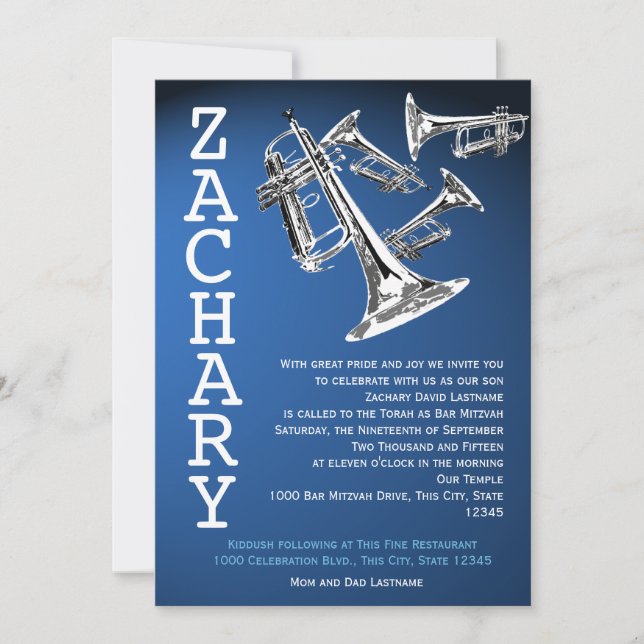 Trumpets Music Dark Blue Bar Mitzvah Einladung (Vorderseite)