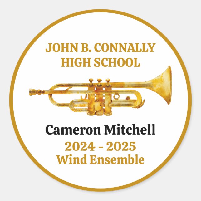 Trumpf Player High School Band Gold Personalisiert Runder Aufkleber (Vorderseite)