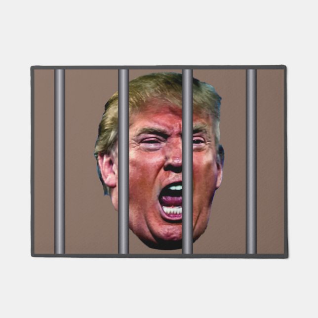 Trumps glänzender Kopf hinter Gefängnisbars Fußmatte (Vorderseite)
