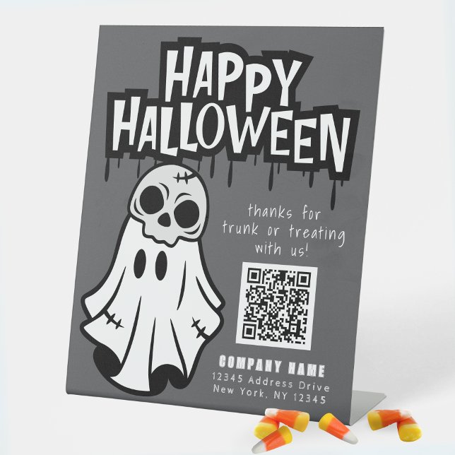 Trunk oder Leckerei Cool Ghost Business Danke Sockelschild (Cool Ghost Trunk or Treat Standing Business QR Code Display Sign in Grey, Black & White)