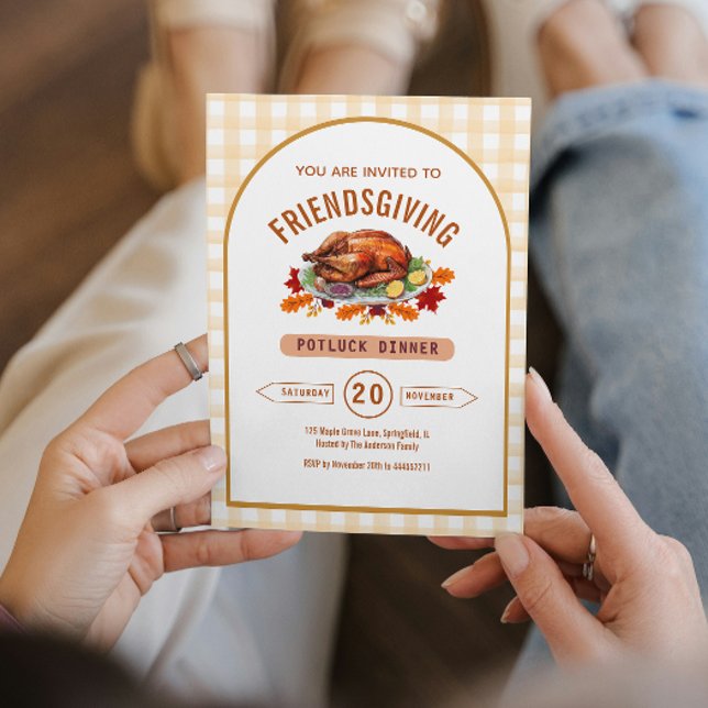 Truthahn-Erntedankfest-Potluck-Dinner-Arch-Gingham Einladung (Rustic Turkey Thanksgiving Dinner Gingham Fall Invitation)