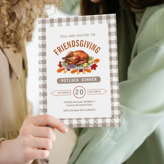 Truthahn-Erntedankfest-Potluck-Dinner Herbst-Gingh Einladung (Turkey Thanksgiving Potluck Dinner Fall Gingham Invitation)