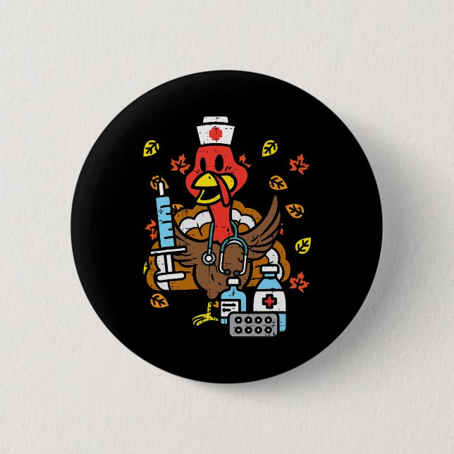 Truthahn-Krankenschwester-Erntedankfest-Herbst-Arb Button (Vorderseite)