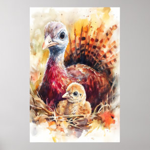 Truthahn Mama und Baby Aquarell-Kinderzimmer-Druck Poster