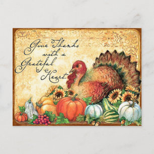 Truthahn mit Herbstfrüchten, vintage Erntedankfest Postkarte