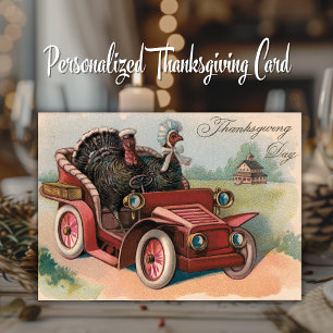 Truthähne fahren in einem alten Thanksgiving-Auto Karte