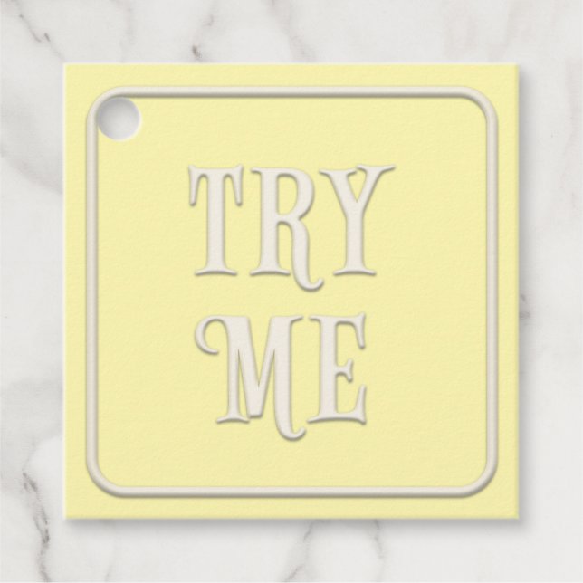 "Try Me" Viktorianisch Tee Party Gelb Quadrat Cust Geschenkanhänger (Vorderseite)