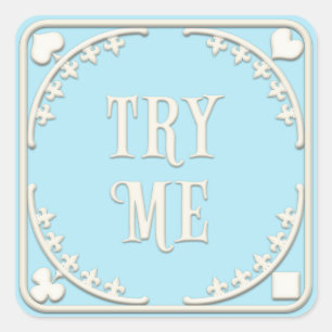 "Try Me" Wunderland Tee Party einladen Blau Quadratischer Aufkleber