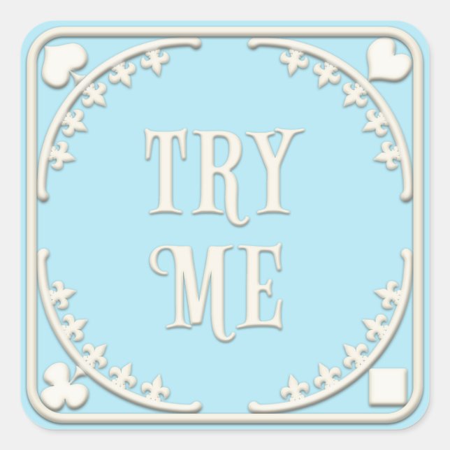 "Try Me" Wunderland Tee Party einladen Blau Quadratischer Aufkleber (Vorderseite)