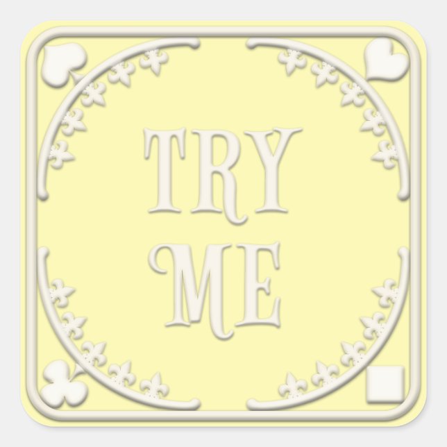 "Try Me" Wunderland Tee Party Whimsical Yellow Quadratischer Aufkleber (Vorderseite)