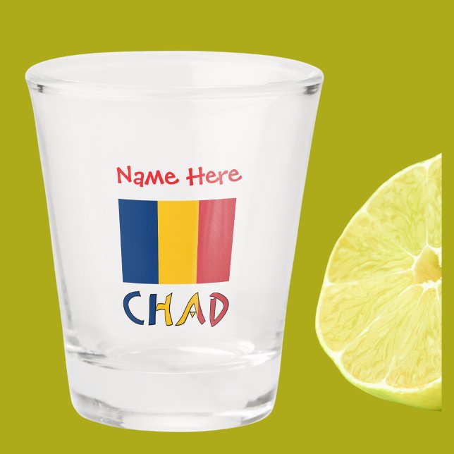 Tschad Chadian Flag Red Personalization Schnapsglas (Chadian Flag on shot glass with the word CHAD below in flag colors. Add name in red text above.)