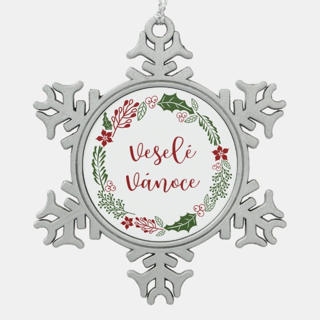 Tschechischer Heiligabend, Veselé vánoce Schneeflocken Zinn-Ornament (Vorderseite)