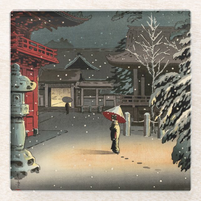 Tsuchiya Koitsu - Schnee bei Nezu Shrine Glasuntersetzer (Vorderseite)