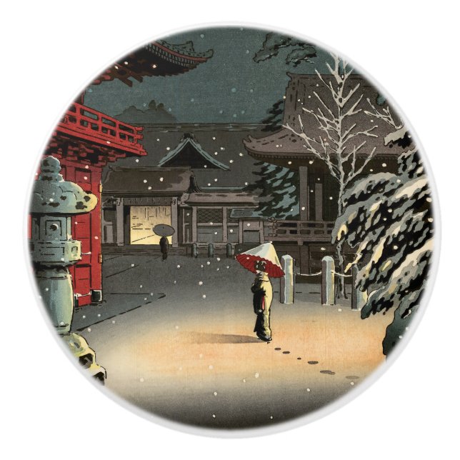 Tsuchiya Koitsu - Schnee bei Nezu Shrine Keramikknauf (Vorderseite)