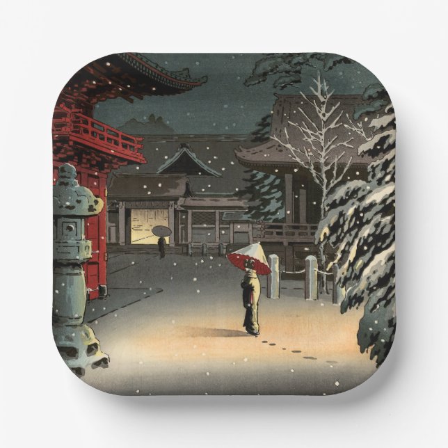 Tsuchiya Koitsu - Schnee bei Nezu Shrine Pappteller (Vorderseite)
