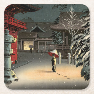 Tsuchiya Koitsu - Schnee bei Nezu Shrine Rechteckiger Pappuntersetzer