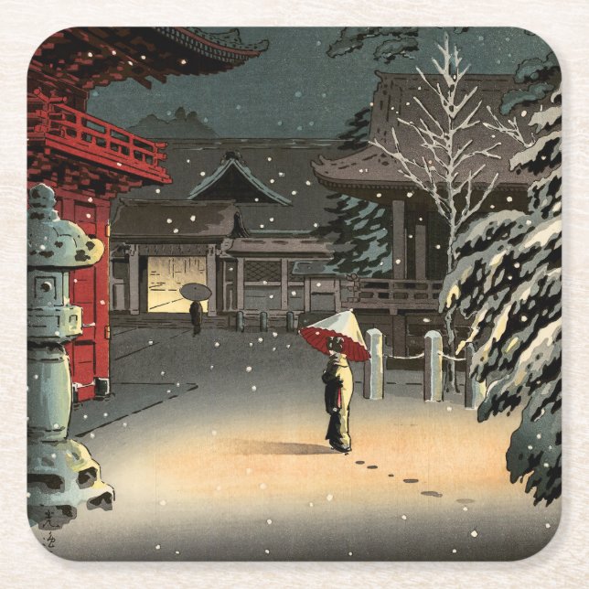 Tsuchiya Koitsu - Schnee bei Nezu Shrine Rechteckiger Pappuntersetzer (Vorderseite)