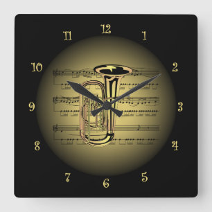Tuba ~ 3-D Noten ~ Gold u. schwarzer Hintergrund Quadratische Wanduhr