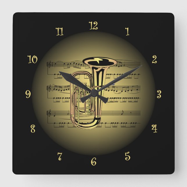 Tuba ~ 3-D Sheet Music ~ Gold & Black Background Quadratische Wanduhr (Vorderseite)