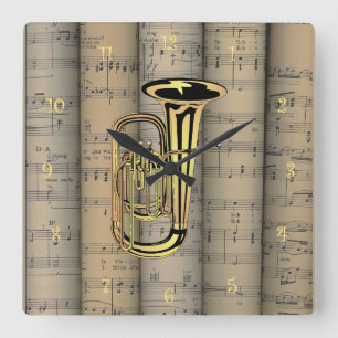 Tuba-~ gerolltes Notenen-Hintergrund ~ Musical Quadratische Wanduhr