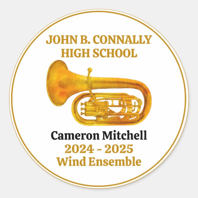 Tuba High School Band Gold Personalisiert Runder Aufkleber (Vorderseite)