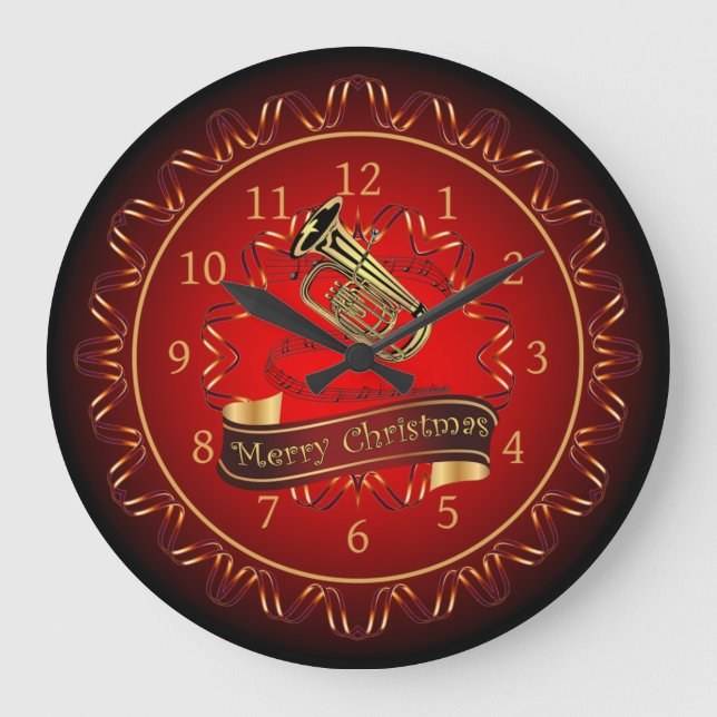 Tuba ~ Merry Christmas ~ Maroon & Black ~  Große Wanduhr (Vorderseite)