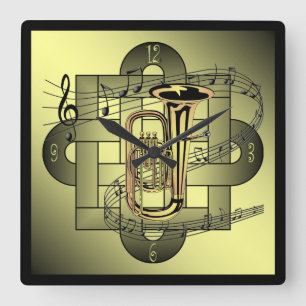 Tuba~Musical Scale~Double Knot Graphic~Gold/Black Quadratische Wanduhr