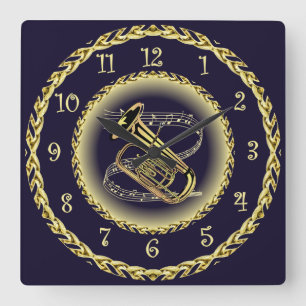 Tuba Musical Scroll ~ Gold und Navy Blue ~ Quadratische Wanduhr