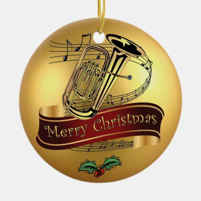 Tuba ~ musikalisches Rolle ~ Gold~ "frohe Keramik Ornament (Vorne)