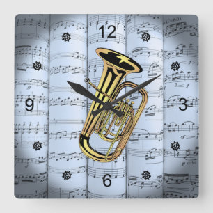 Tuba ~ Rolled Sheet Music ~ Blue Tint Background ~ Quadratische Wanduhr