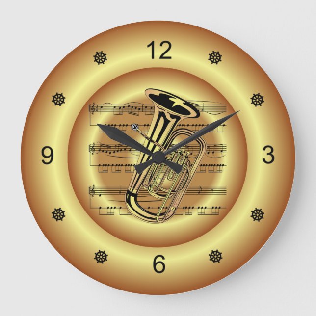 ~ Tuba ~ Sheet Music ~ Gold Background ~  Große Wanduhr (Vorderseite)
