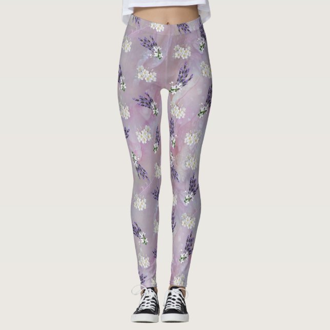 Tuberose & Lavender Blooms auf Rose Blüten Leggings (Vorderseite)