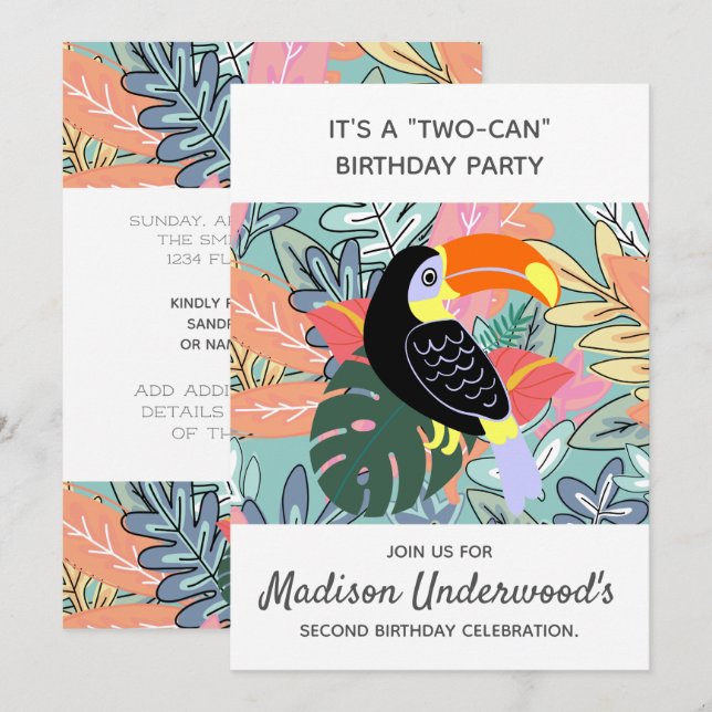 Tucan Second Birthday Dschungel Topthema Sommer Th Einladung (Vorne/Hinten)