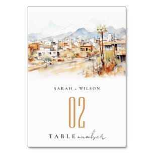 Tucson, Arizona Aquarell-Landschaft-Hochzeit Tischnummer