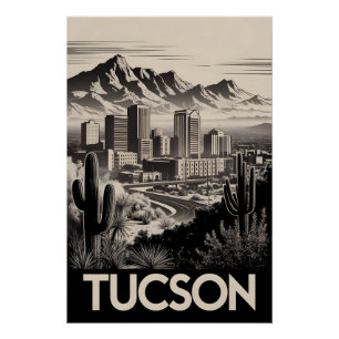 Tucson Arizona Skyline Schwarz Weiß Holzschnitt Poster