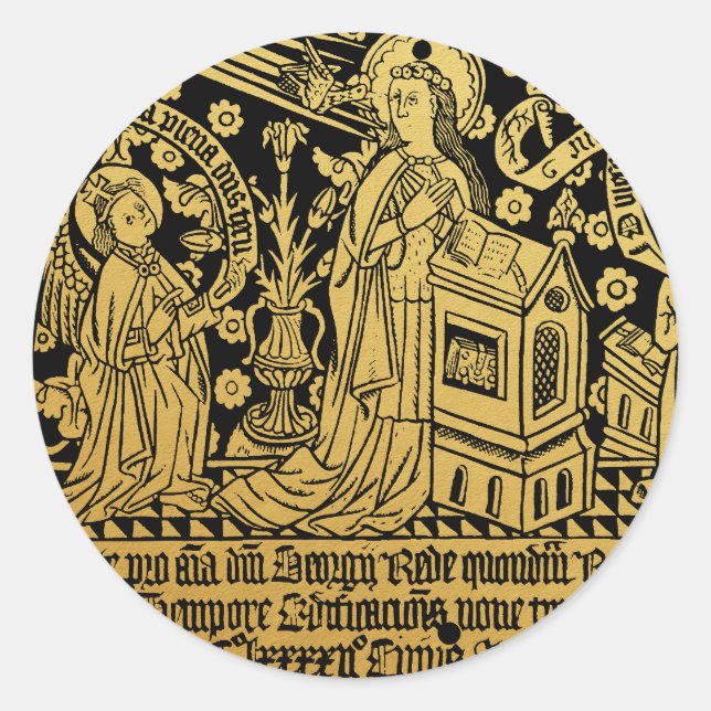 Tudor Brass Rubbing Annunciation Mary Angel Runder Aufkleber (Vorderseite)