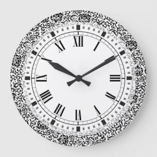 Tudor Garden Pre-Raphaelite Black and White Damask Große Wanduhr