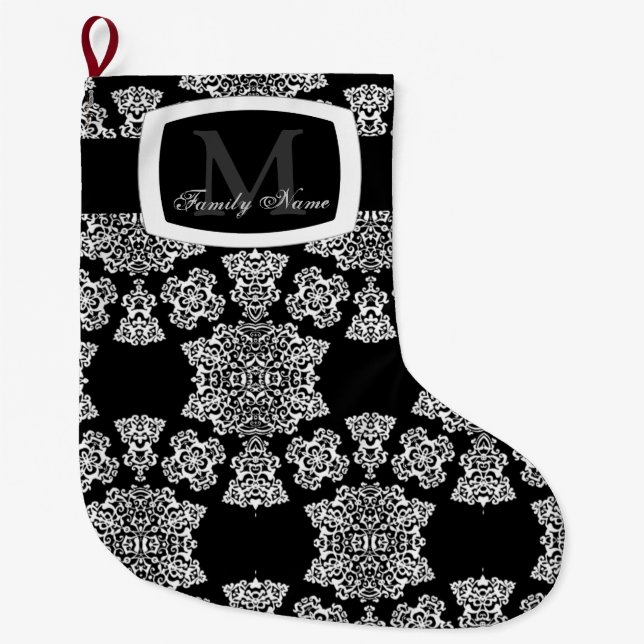 Tudor Rose Damask (weiß) (Monogramm) Großer Weihnachtsstrumpf (Vorderseite)