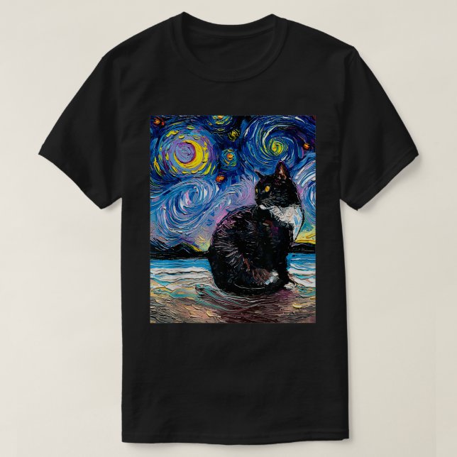 Tuedo Cat on Beach Starry Night Impressionistische T-Shirt (Design vorne)