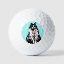 Tuexdo cat Katzen Schwarz-weiße Aquarellfarben Vat Golfball